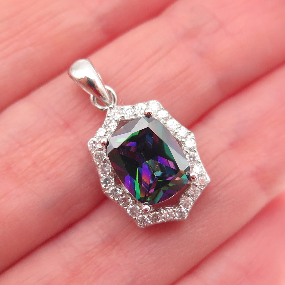 925 Sterling Silver Real Mystic Quartz & C Z Mini Charm Pendant