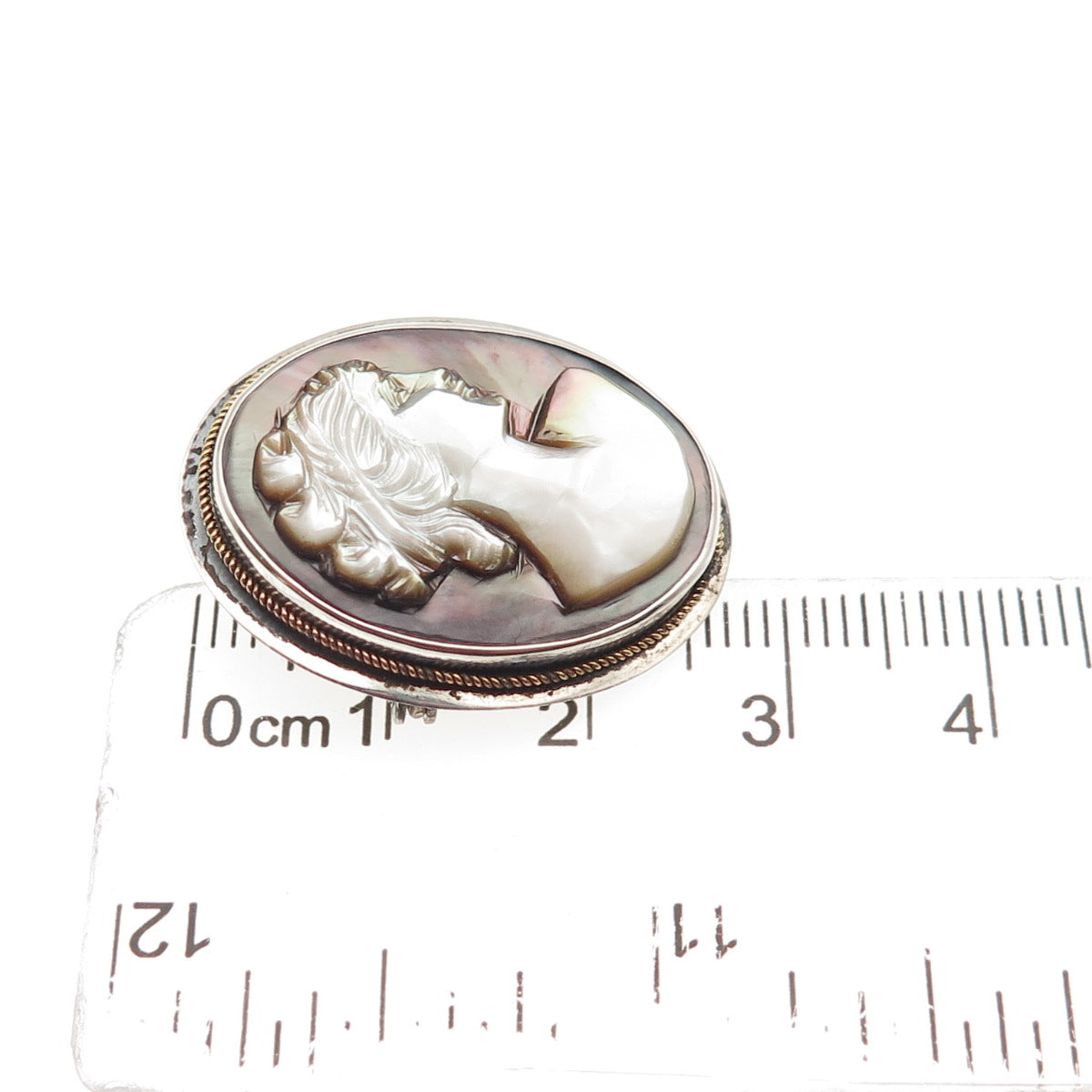 925 Sterling 2-Tone Vintage Real Abalone Shell Lady Cameo Pin Brooch / Pendant