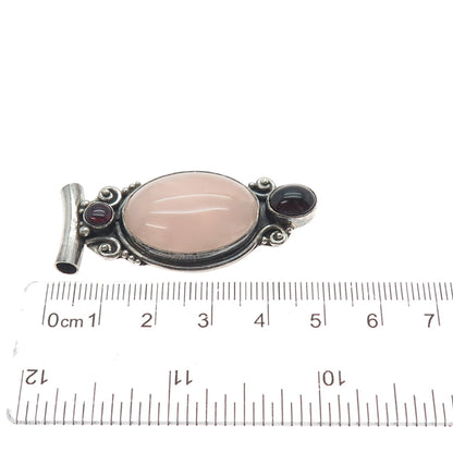 925 Sterling Silver Vintage Real Rose Quartz Tourmaline Rhodonite Slide Pendant