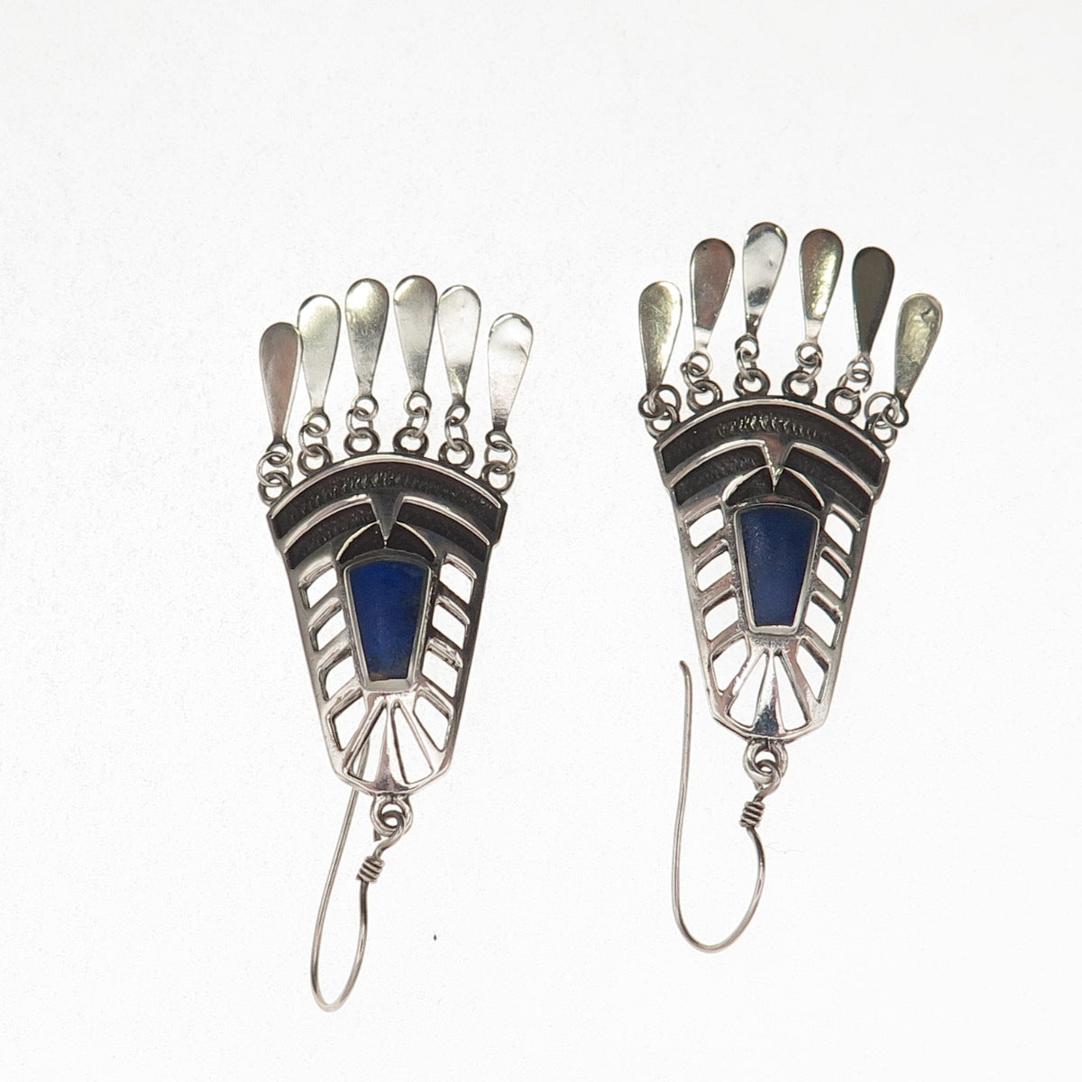 925 Sterling Silver Vintage Real Lapis Modernist Oxidized Dangle Earrings