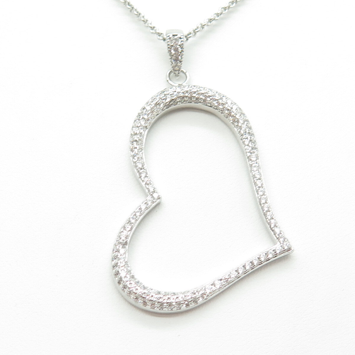 925 Sterling Silver Italy Round-Cut C Z Heart Rolo Chain Necklace 18"