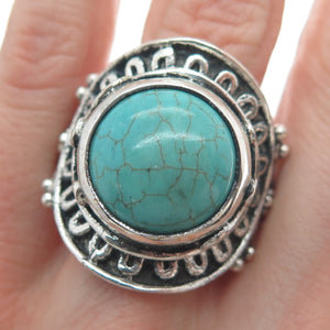 925 Sterling Silver Vintage Lone Mountain Turquoise Sun Oxidized Ring Size 10.5