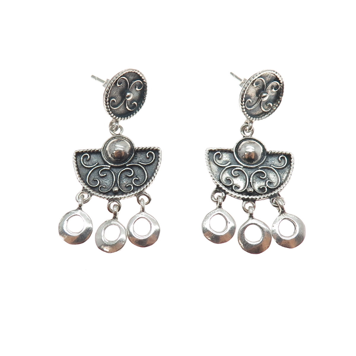 925 Sterling Silver Vintage Modernist Swirl Oxidized Dangle Earrings