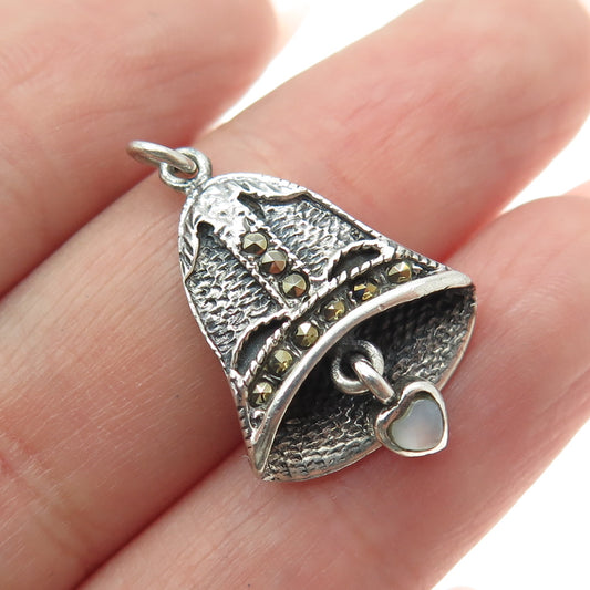 CHAPAL ZENRAY 925 Sterling Silver Vintage Real MOP Marcasite Bell Charm Pendant