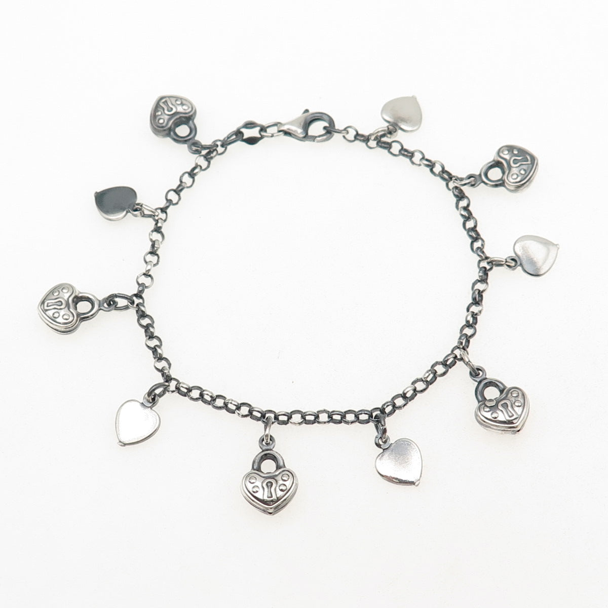 925 Sterling Silver Vintage Italy Heart Lock Charm Rolo Link Bracelet 7"