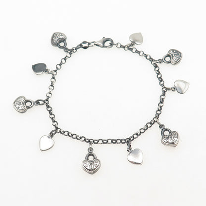 925 Sterling Silver Vintage Italy Heart Lock Charm Rolo Link Bracelet 7"