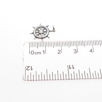 925 Sterling Silver Vintage Helm Ship Wheel Oxidized Minimalist Charm Pendant