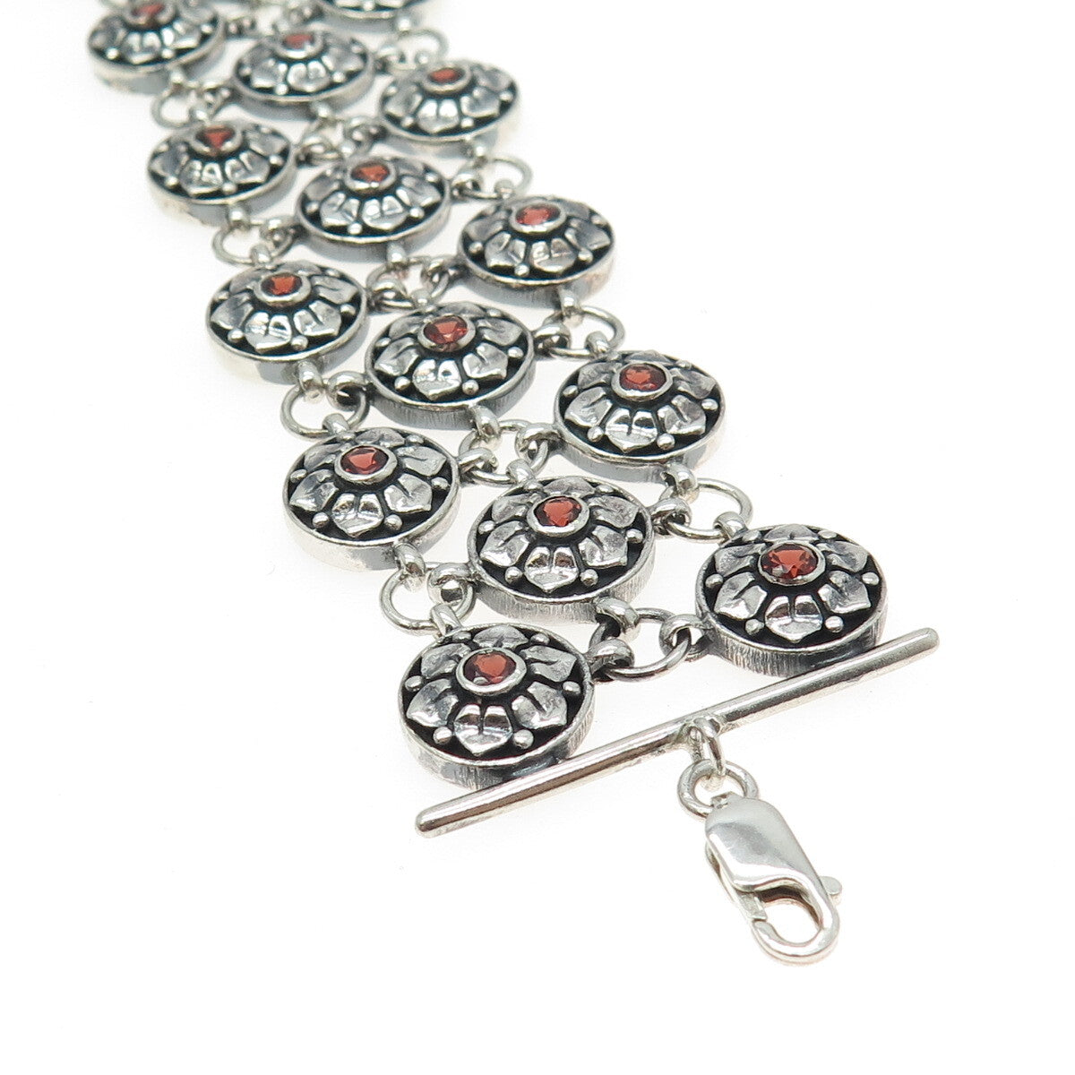 925 Sterling Silver Vintage Real Red Garnet Floral Disc Cluster Link Bracelet 7"