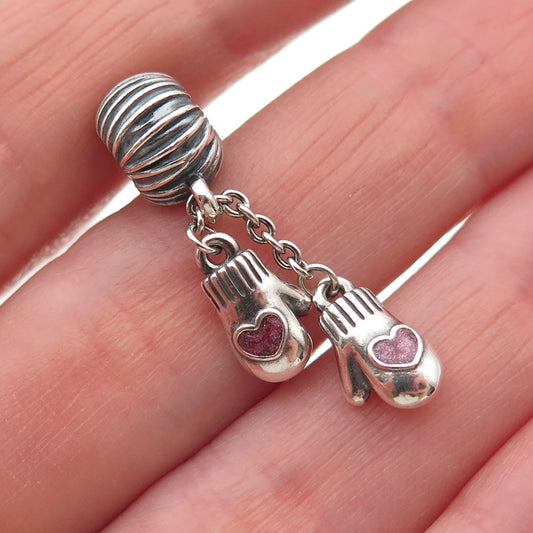 PANDORA 925 Sterling Silver Enamel Heart Winter Mittens Dangle Charm