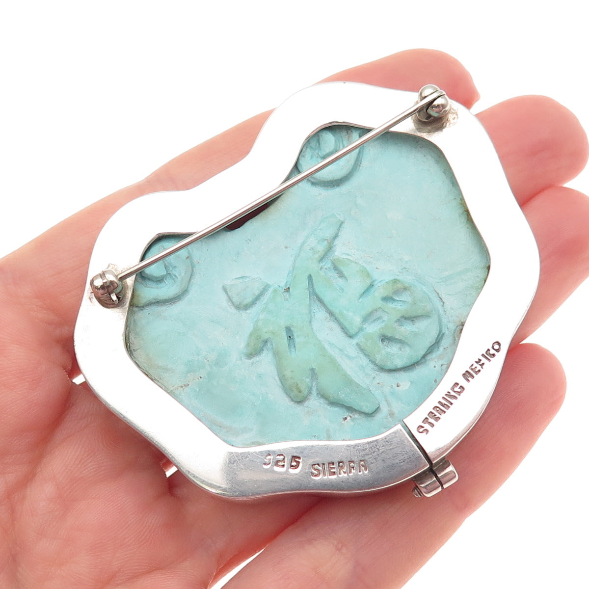 SIERRA 925 Sterling Vintage Mexico Turquoise Chinese Longevity Slide Pin Pendant