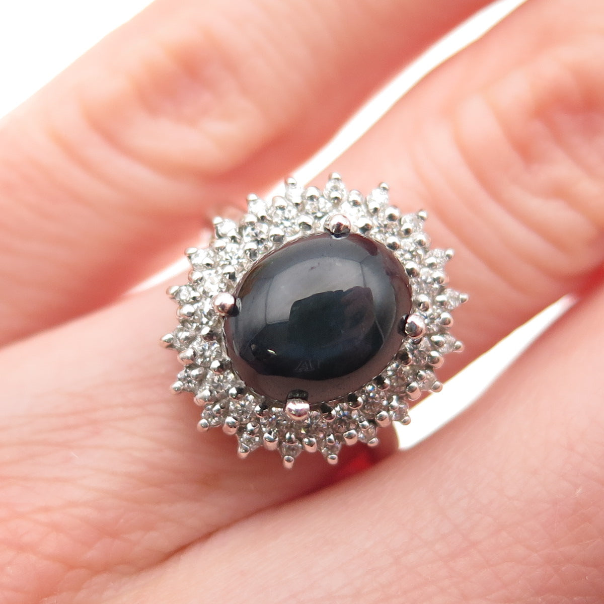 D'JOY 925 Sterling Silver Real Round-Cut Diamond & Sapphire Ring Size 5.25