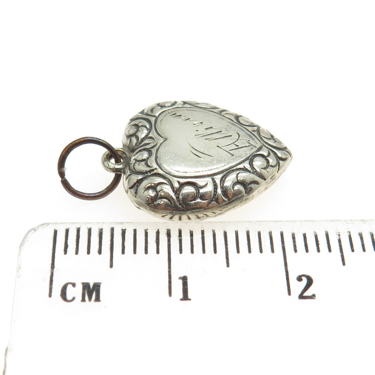 925 Sterling Silver Antique Art Deco Repousse Heart Chatelaine Charm Pendant