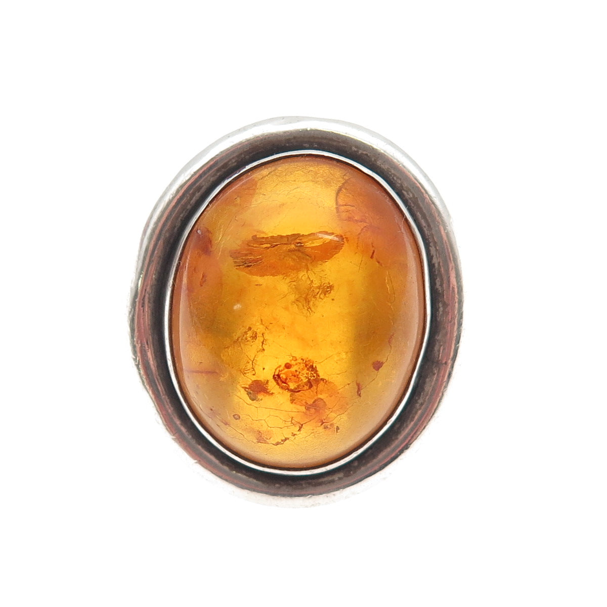 925 Sterling Silver Vintage EK Poland Real Amber Modernist Ring Size 6.75