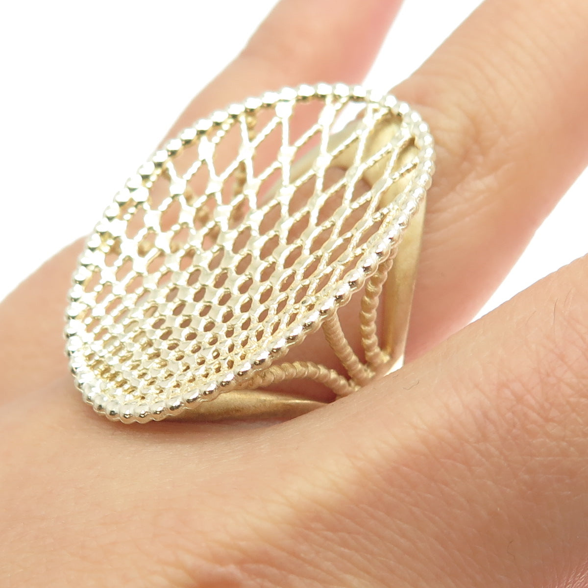 925 Sterling Silver Gold Plated Turkey Grid Statement Ring Size 6.25