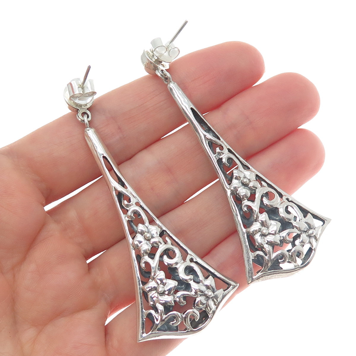 PLATELLA 950 Silver Vintage Floral Dangle Earrings