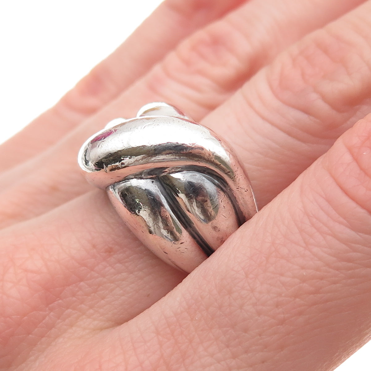 925 Sterling Silver Vintage Modernist Crossed Oxidized Ring Size 6.75