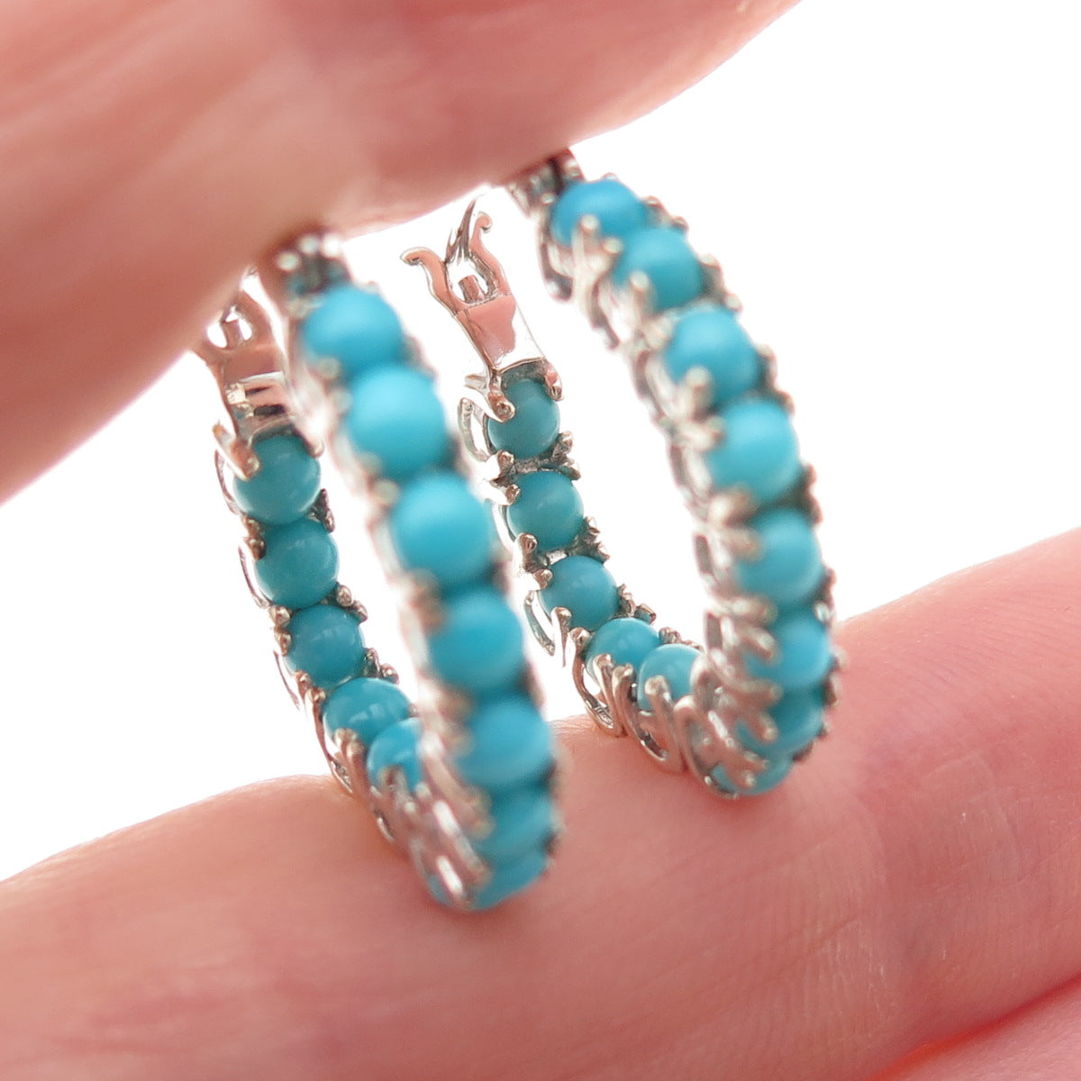 D'Joy 925 Sterling Silver Real Sleeping Beauty Turquoise In & Out Hoop Earrings