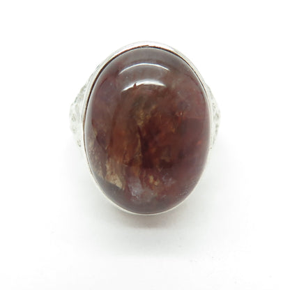 925 Sterling Silver Vintage Real Cabochon Agate Hammered Ring Size 7