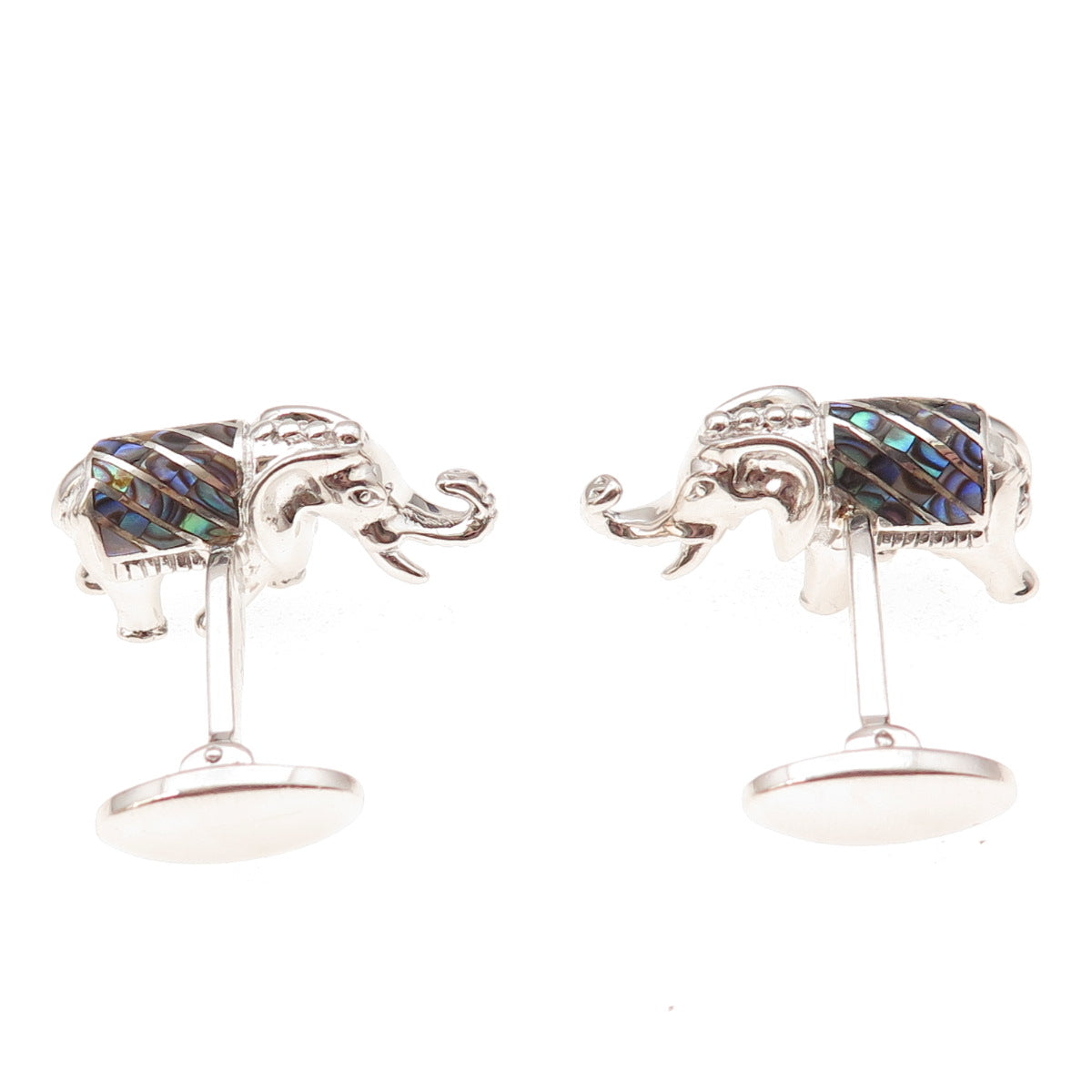 Jan Leslie 925 Sterling Silver Real Abalone Shell Elephant Cufflinks