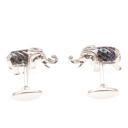 Jan Leslie 925 Sterling Silver Real Abalone Shell Elephant Cufflinks