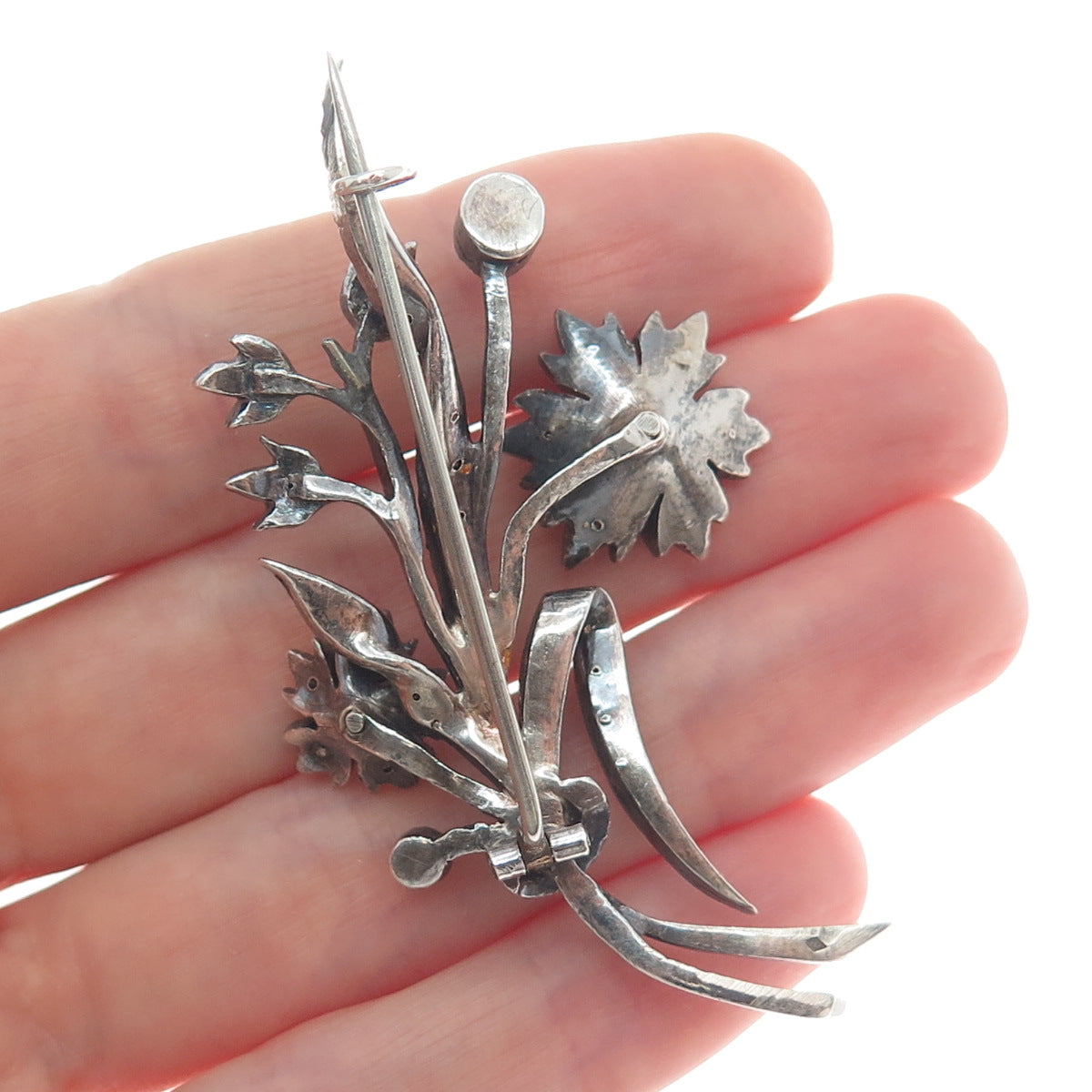 ALFRED FEAU 800 Silver Antique France Rhinestone Flower Oxidized Pin Brooch