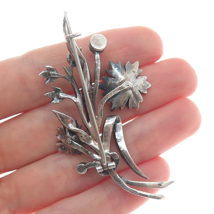 ALFRED FEAU 800 Silver Antique France Rhinestone Flower Oxidized Pin Brooch