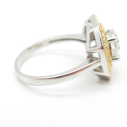 CELINE F. 925 Sterling Silver 2-Tone Round-Cut C Z Ring Size 7