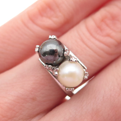 UNCAS 925 Sterling Silver Antique Art Deco Real Hematite & Pearl Ring Size 3.75