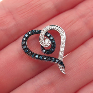 925 Sterling Silver Real Blue & White Diamond Heart Mini Slide Charm Pendant