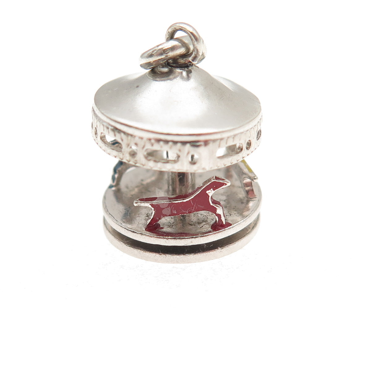 925 Sterling Silver Antique Art Deco Enamel Carousel Movable 3D Mini Pendant