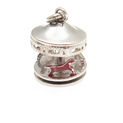 925 Sterling Silver Antique Art Deco Enamel Carousel Movable 3D Mini Pendant