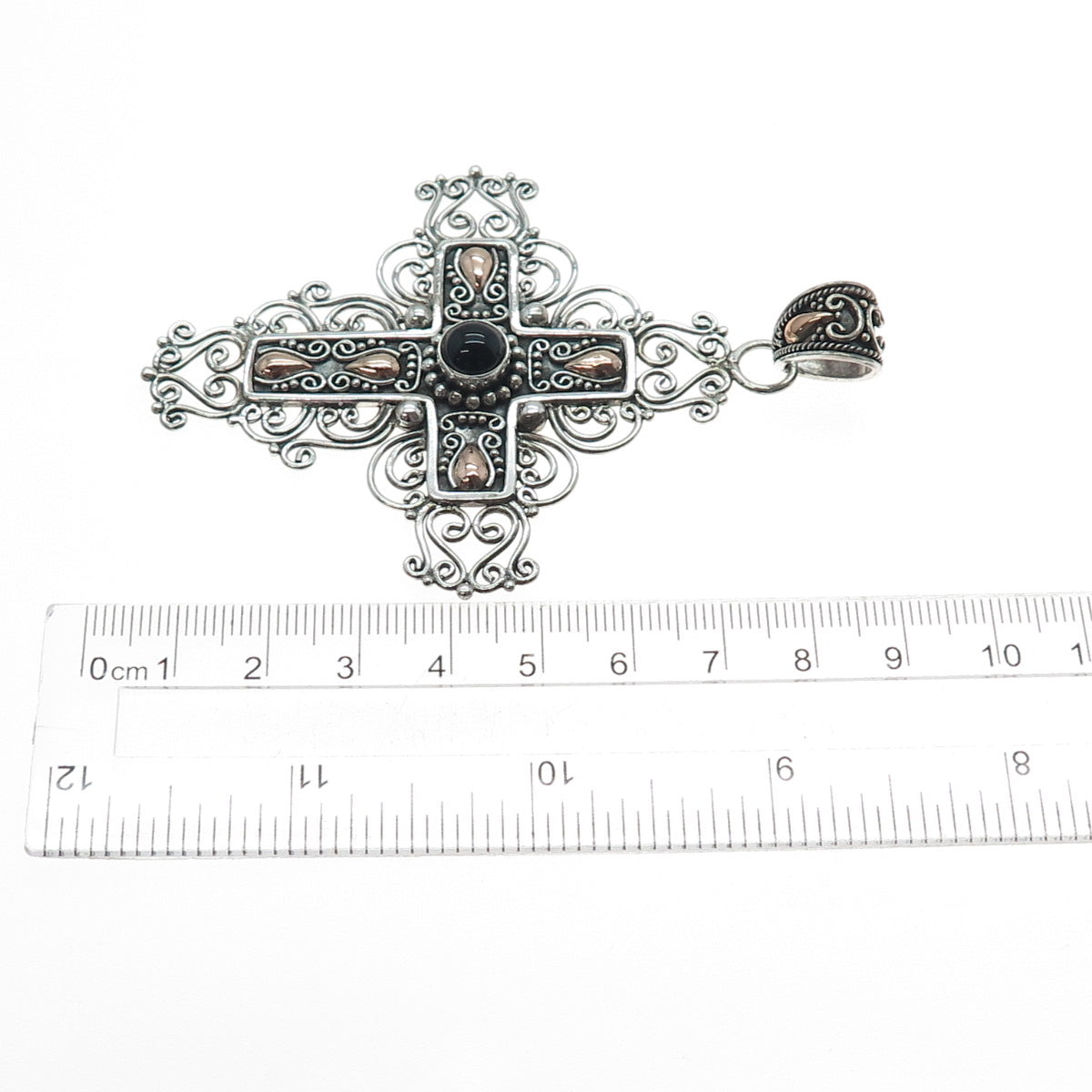 SUARTI BALI 925 Sterling Silver 18K Gold Vintage Real Black Onyx Cross Pendant