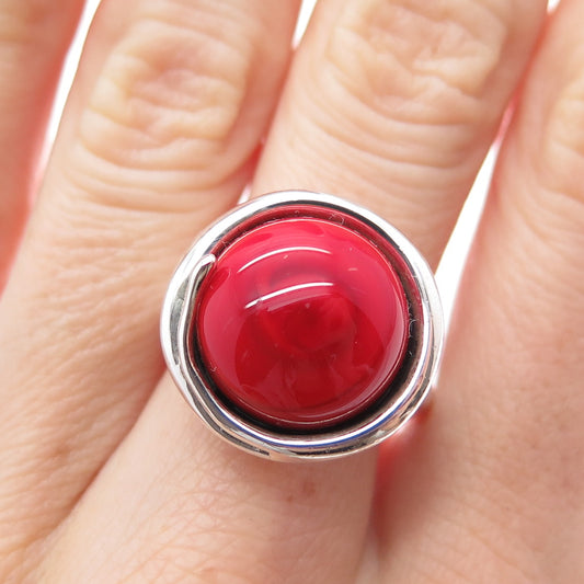 HAGIT GORALI Sterling Vintage Israel Red Murano Glass Modernist Ring Size 7.25