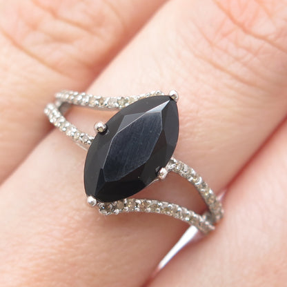 925 Sterling Silver Real Round-Cut Diamond & Black Spinel Bypass Ring Size 7.75