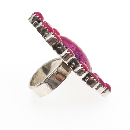925 Sterling Vintage Pink Turquoise & Onyx Statement Adjustable Ring Size 8.75