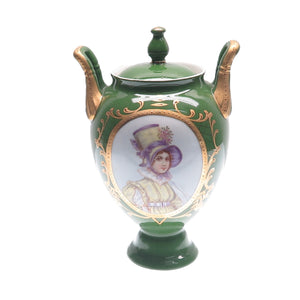 Antique Late XIX Gold & Green Hand-Painted Porcelain Victorian Lady Vase w/ Lid