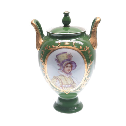 Antique Late XIX Gold & Green Hand-Painted Porcelain Victorian Lady Vase w/ Lid