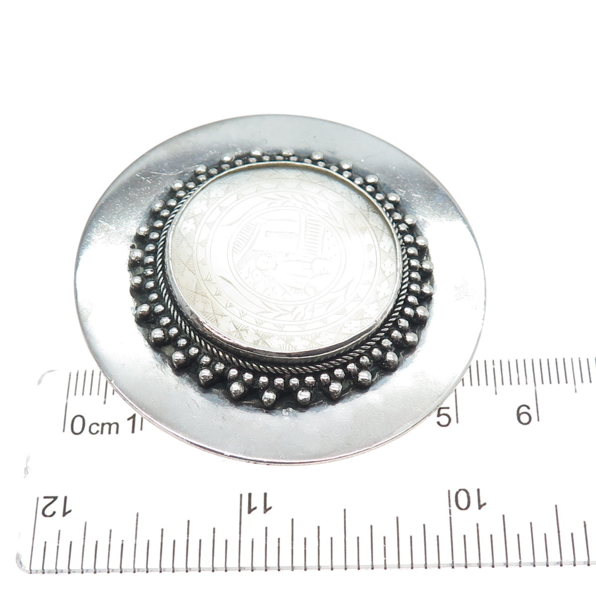 925 Sterling Silver Vintage Real Carved MOP Storyteller Oxidized Pin Brooch