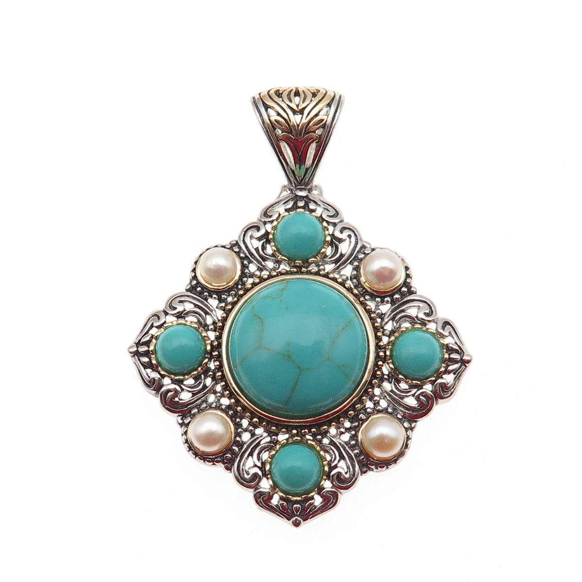 925 Sterling Silver 2-Tone Vintage Real Tyrone Turquoise & Pearl Pendant