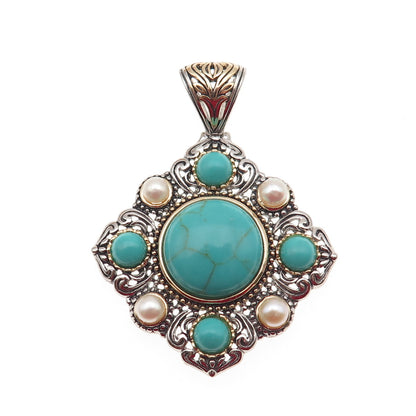 925 Sterling Silver 2-Tone Vintage Real Tyrone Turquoise & Pearl Pendant