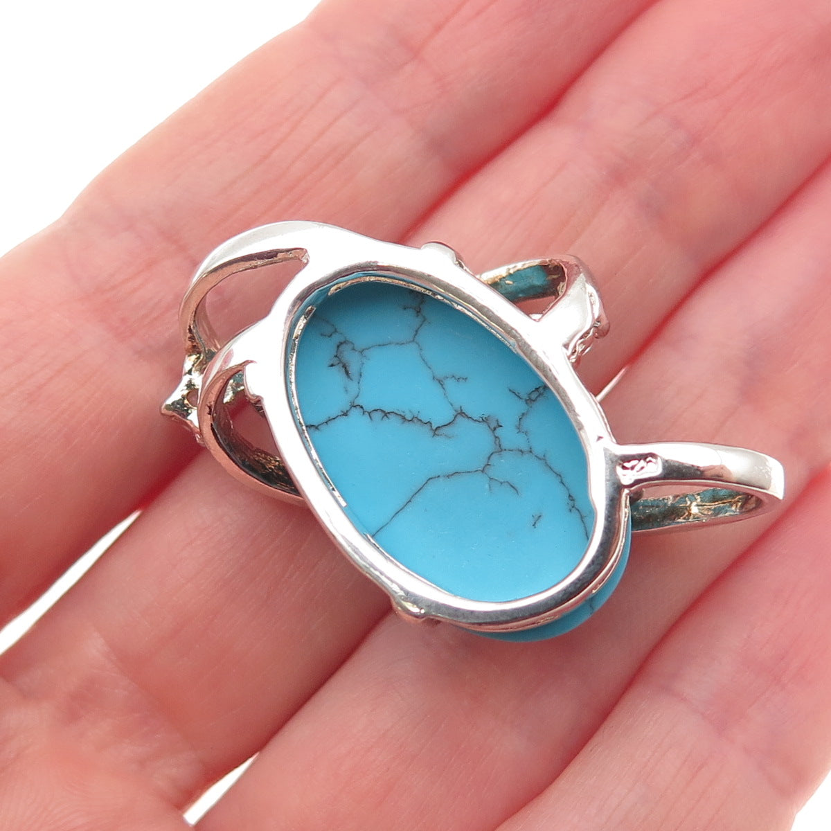 925 Sterling Silver Vintage Real Turquoise & C Z Modernist Slide Pendant