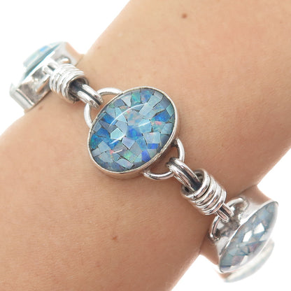 925 Sterling Silver Vintage Real Opal Inlay Station Link Bracelet 7"