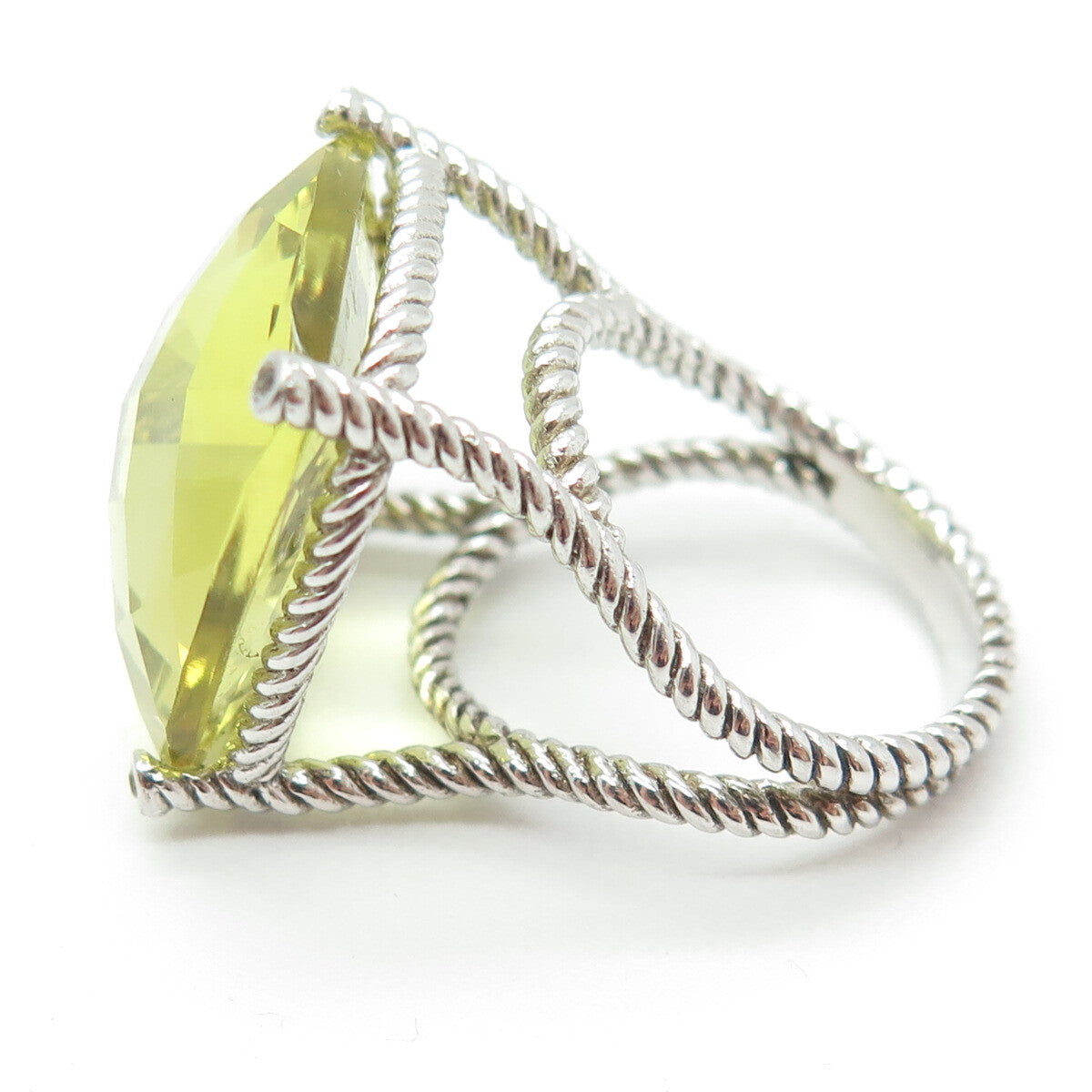925 Sterling Silver Large Lime Citrine & White Topaz Gem Twisted Ring Size 6.75