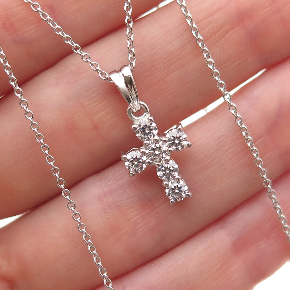 925 Sterling Silver Round-Cut C Z Cross Cable Chain Necklace 16-18"