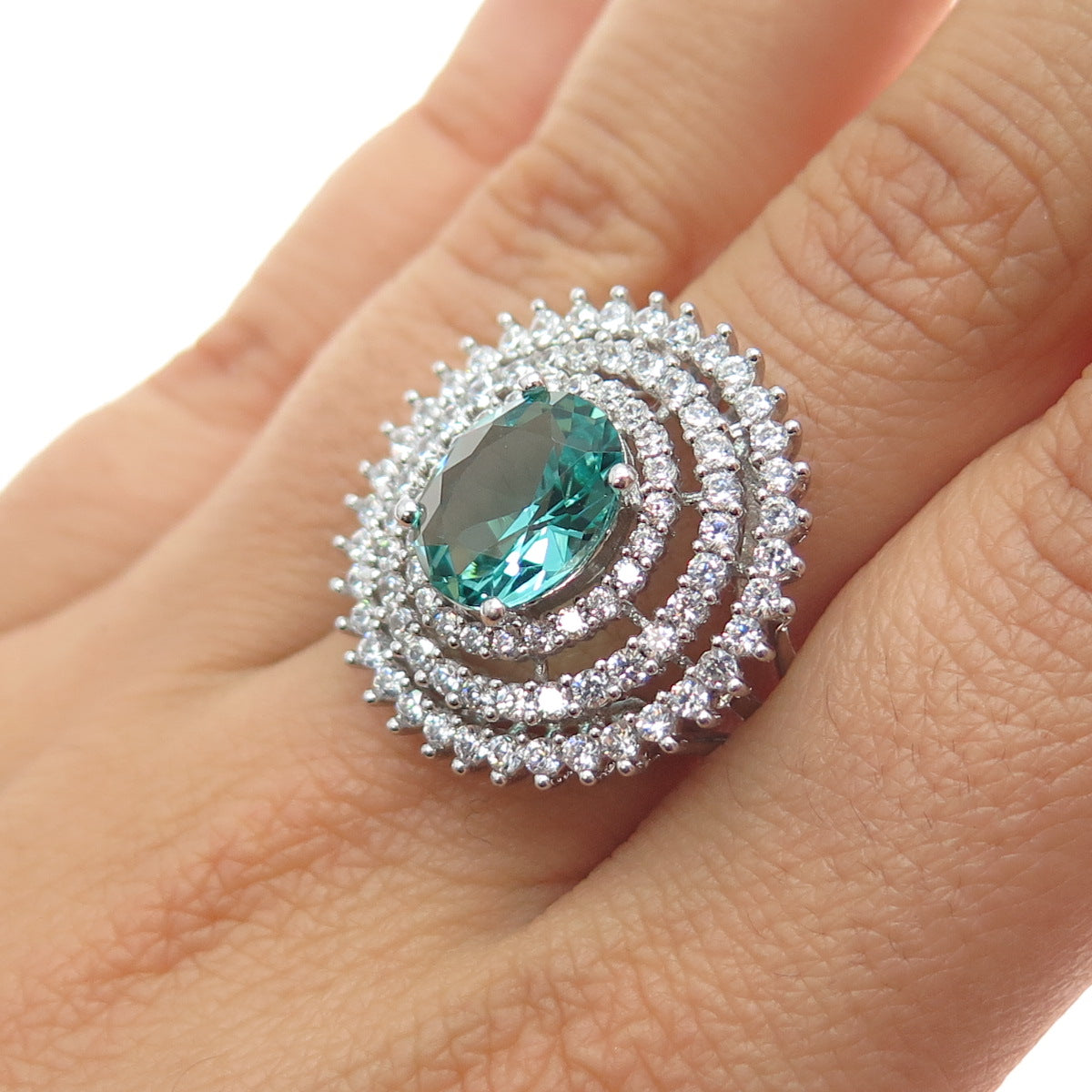 925 Sterling Silver Oval-Cut Paraiba & White C Z Bohemian Ring Size 8.25