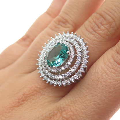 925 Sterling Silver Oval-Cut Paraiba & White C Z Bohemian Ring Size 8.25