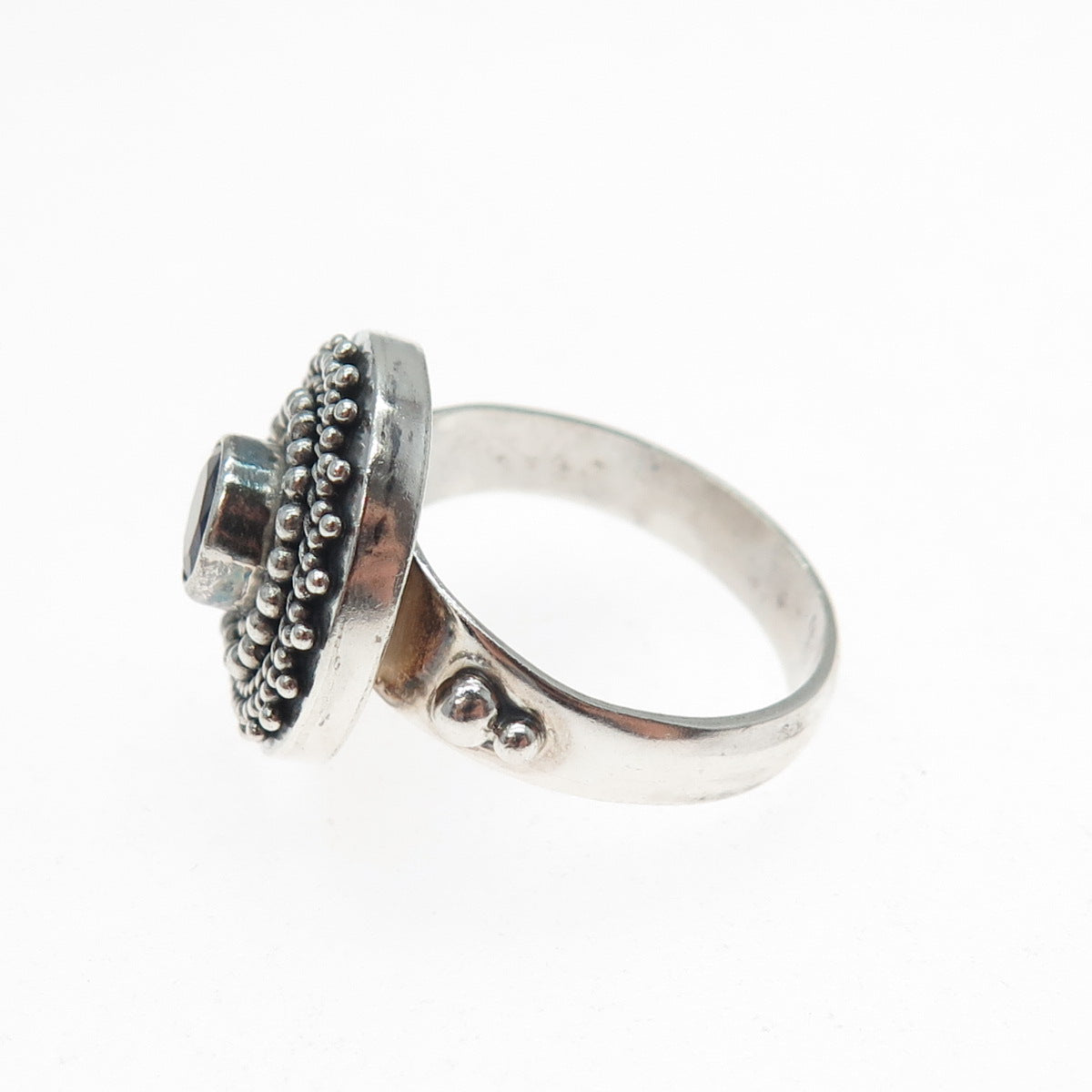 BC Silver Ned Bowman Sterling Vintage Amethyst Beaded Oxidized Ring Size 8.25