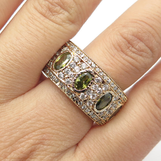 925 Sterling Silver Gold Plated White & Green C Z Band Ring Size 11