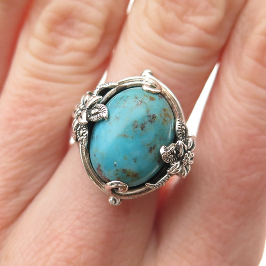925 Sterling Vintage Turquoise & Marcasite Flower Ring Size 8 (missing 1 stone)