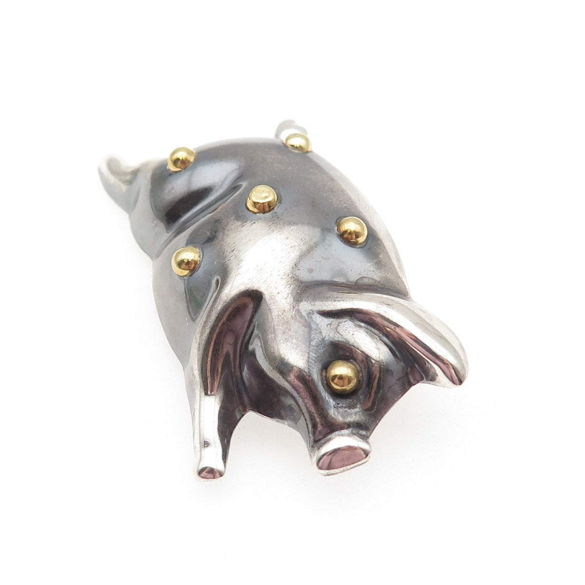 925 Sterling Silver 2-Tone Vintage Mexico Pig Oxidized Pin Brooch / Pendant